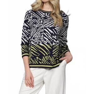 NEW PICADILLY 3/4 sleeve abstract printed top in deep navy/leek multi